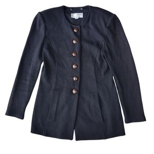 St John Collection Santana Knit Black Blazer Blouse Jacket Leather Buttons Sz 2